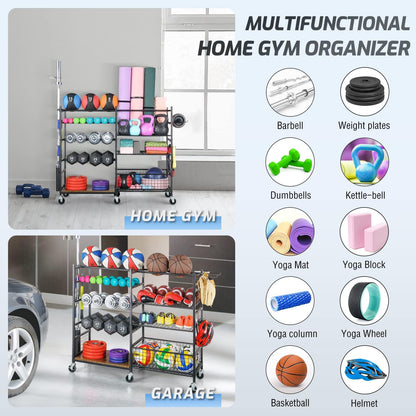 Dumbbell Rack, Weight Rack for Home Gym Storage with Wheels and Hooks