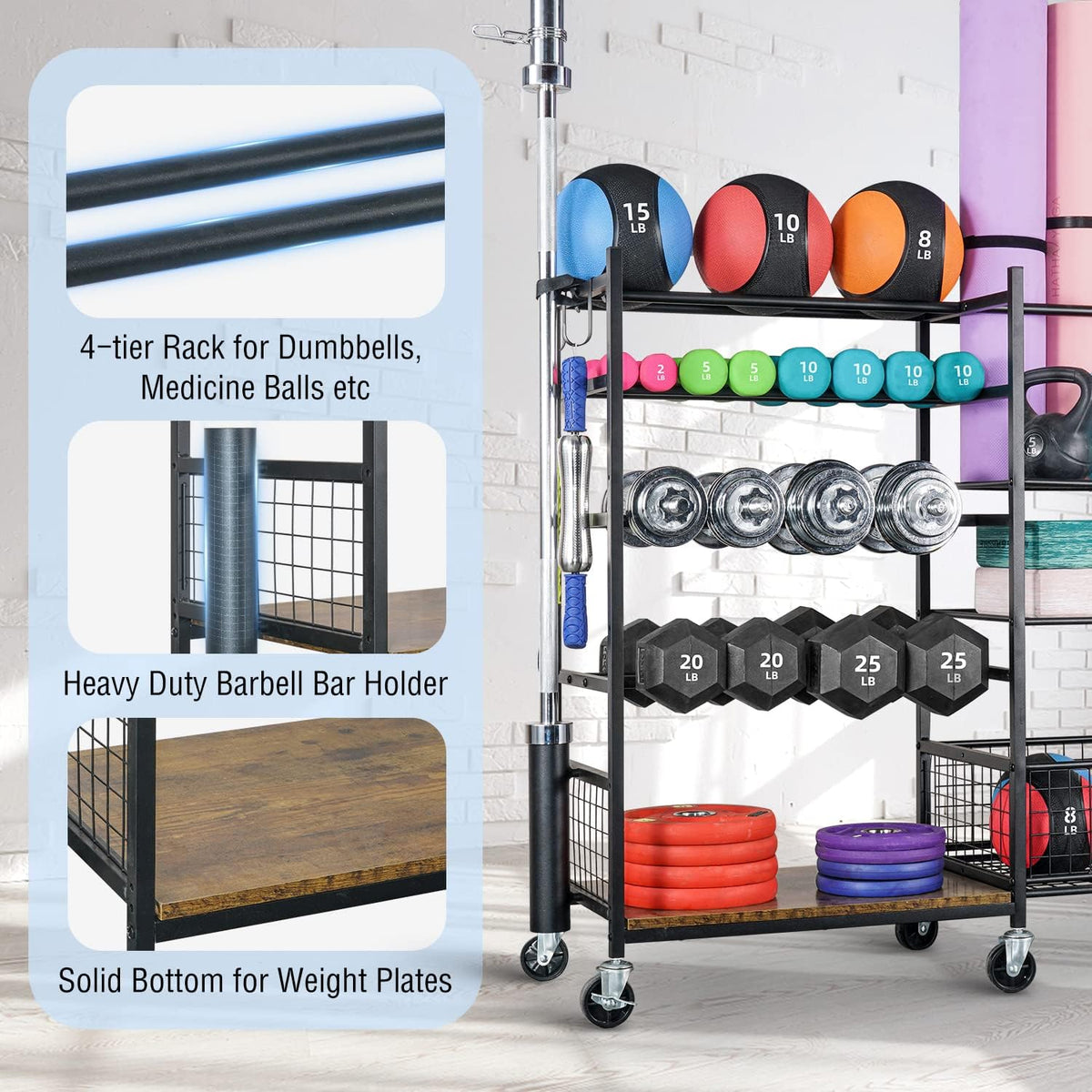 Dumbbell Rack, Weight Rack for Home Gym Storage with Wheels and Hooks