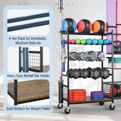 Dumbbell Rack, Weight Rack for Home Gym Storage with Wheels and Hooks