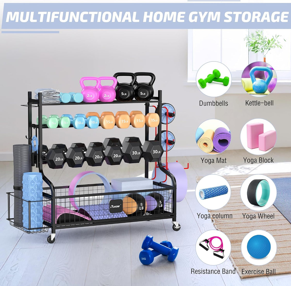 Dumbbell Rack, Weight Rack for Home Gym Storage with Wheels and Hooks