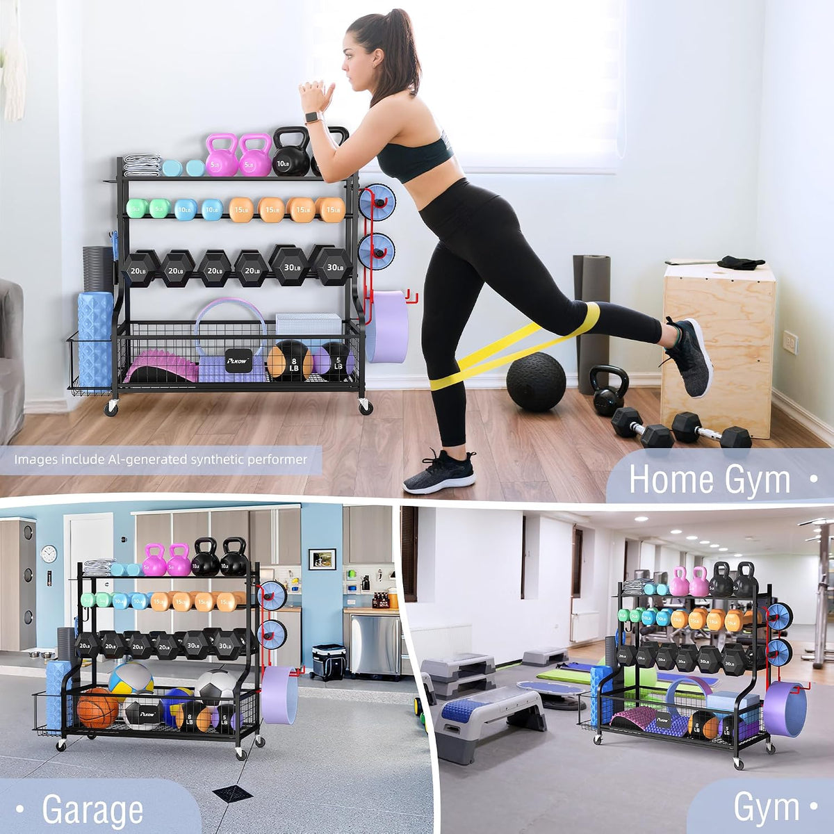Dumbbell Rack, Weight Rack for Home Gym Storage with Wheels and Hooks