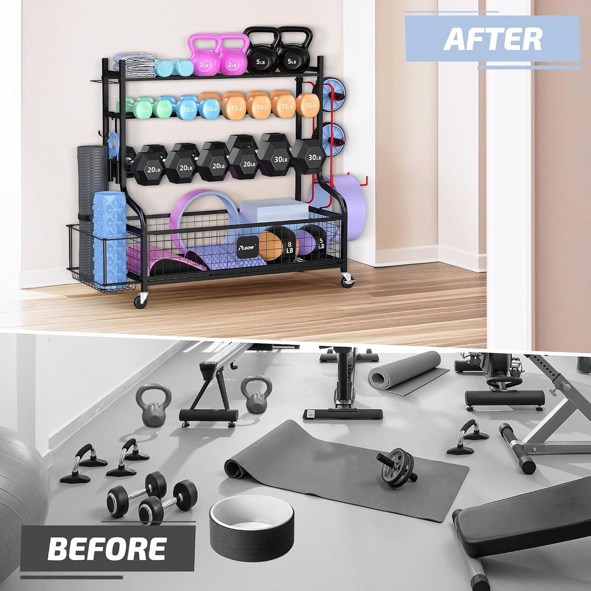 Dumbbell Rack, Weight Rack for Home Gym Storage with Wheels and Hooks