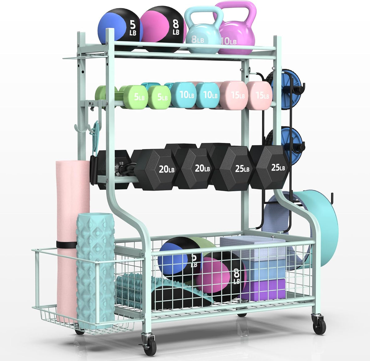 Dumbbell Rack, Weight Rack for Home Gym Storage with Wheels and Hooks