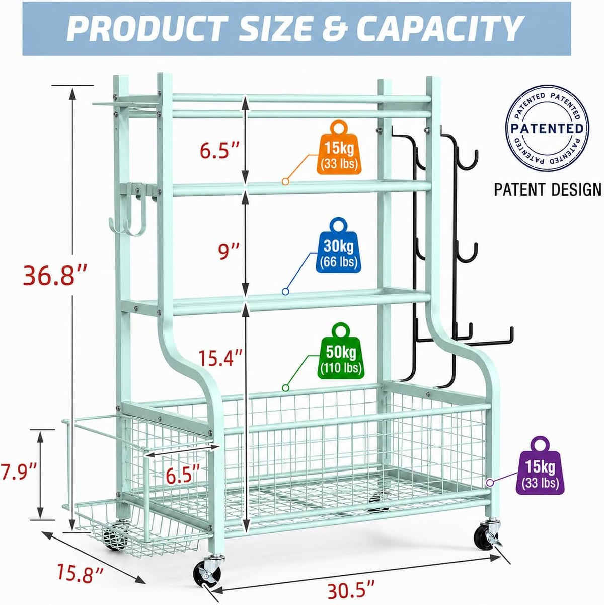 Dumbbell Rack, Weight Rack for Home Gym Storage with Wheels and Hooks