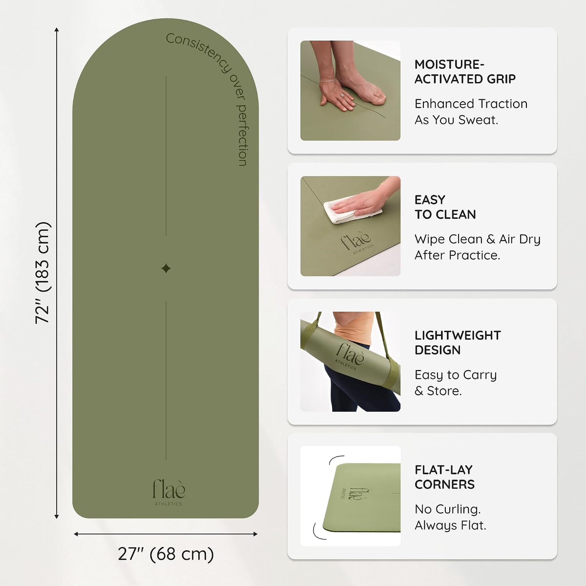Premium PU Yoga Mat | Sweat-Activated Non-Slip Grip | Natural Rubber Base | Arch-Shaped Design with Carry & Stretch Strap | For Yoga, Pilates & Stretching & Workouts
