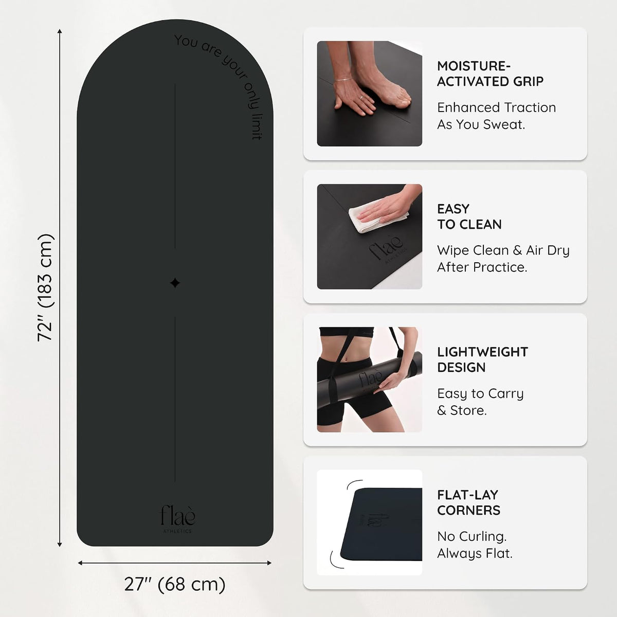 Premium PU Yoga Mat | Sweat-Activated Non-Slip Grip | Natural Rubber Base | Arch-Shaped Design with Carry & Stretch Strap | For Yoga, Pilates & Stretching & Workouts