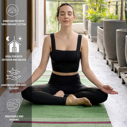 MELLOWBUFF Hand-Woven Cotton Yoga Mat – 100% Natural Cloth Yoga Rug for Hot Yoga, Exercise, Workout, Fitness & Meditation – Absorbent, Washable Yoga Rug, 78 x 28 Inches