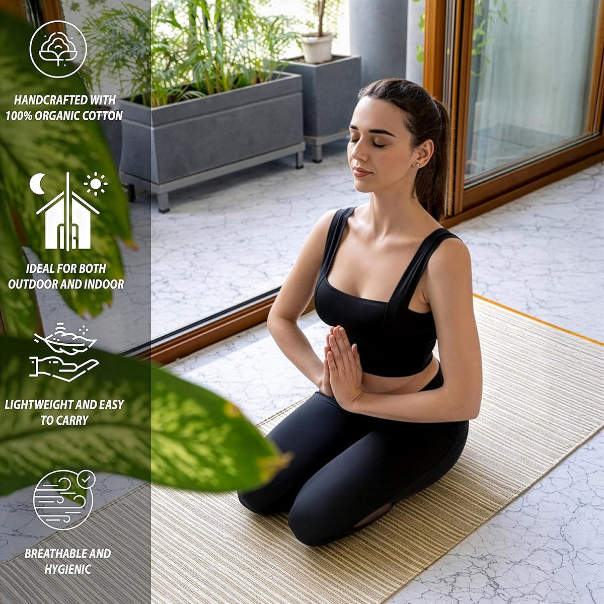 MELLOWBUFF Hand-Woven Cotton Yoga Mat – 100% Natural Cloth Yoga Rug for Hot Yoga, Exercise, Workout, Fitness & Meditation – Absorbent, Washable Yoga Rug, 78 x 28 Inches