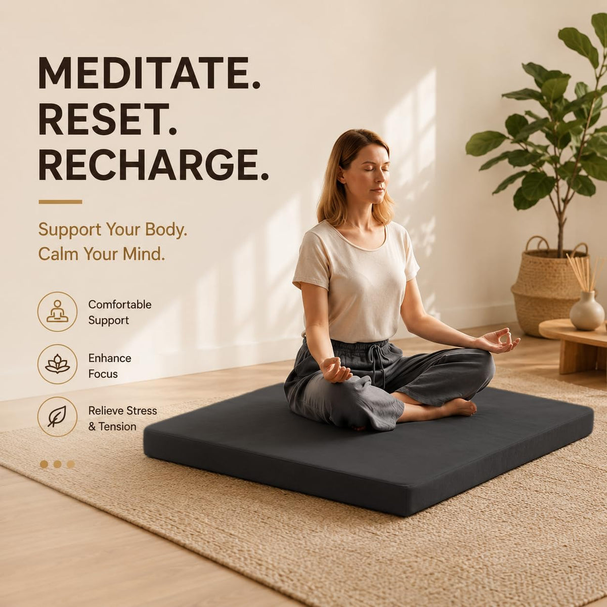 Velvet Zabuton Meditation Mat - Large Floor Pillow for Adults & Yoga Meditation Cushion - High Density Foam Floor Seating with Washable Cover, 31x31 Inch (Green)