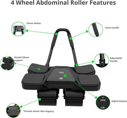 Ab Roller Home Gym Equipment – 4 Wheels Ab Wheel Muscle Roller with Automatic Rebound, Yoga Stretching Strap, 3 Resistance Bands – Comfortable Elbow Support with Non-Slip Handles – Built-in Workout Tracker