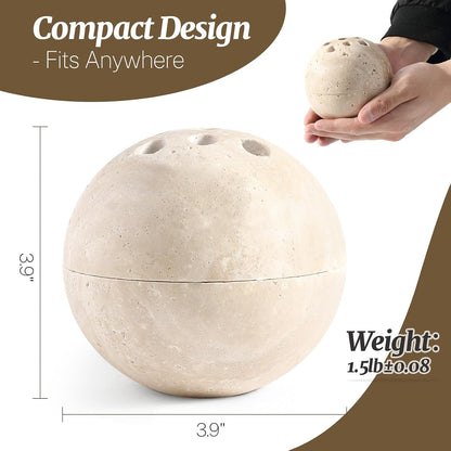 Natural Travertine Incense Burner – 4” Handmade Stone Incense Cone Holder, Minimalist Sphere Incense Burner for Home Decor, Meditation, Yoga, Spa, Relaxation (Beige)