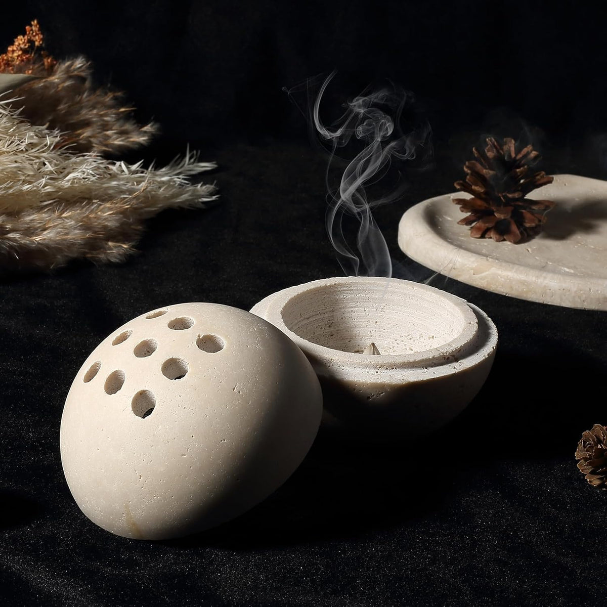 Natural Travertine Incense Burner – 4” Handmade Stone Incense Cone Holder, Minimalist Sphere Incense Burner for Home Decor, Meditation, Yoga, Spa, Relaxation (Beige)