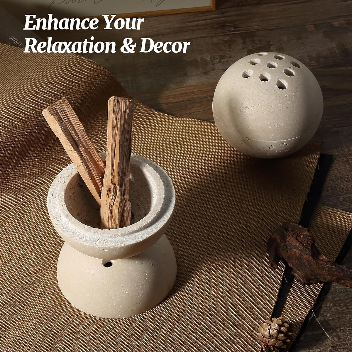 Natural Travertine Incense Burner – 4” Handmade Stone Incense Cone Holder, Minimalist Sphere Incense Burner for Home Decor, Meditation, Yoga, Spa, Relaxation (Beige)