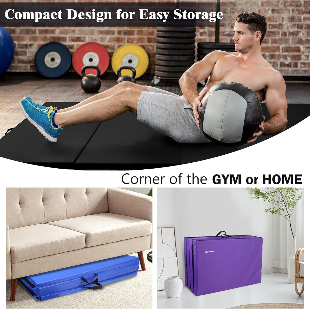4'x8'x2" Gymnastics Mat, Home Exercise Mat with Carrying Handles, Folding Gym Workout Tumbling Mat for Yoga, Pilates, Stretching, MMA, Core Workouts, Fitness Aerobics Mats for Gym Training