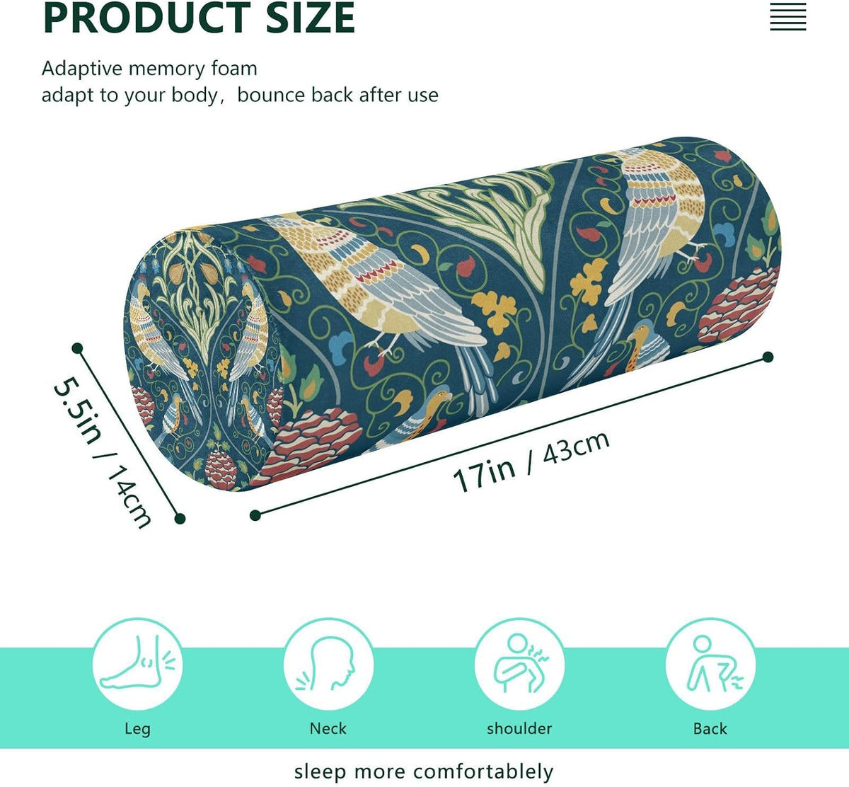 c Neck Roll Pillow Bolster Round Health Memory Foam Long Cervical Cylinder Pillows with Removable Washable Cover for Body Bed Legs Back Yoga - Colors A