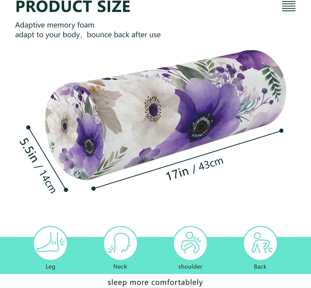 c Neck Roll Pillow Bolster Round Health Memory Foam Long Cervical Cylinder Pillows with Removable Washable Cover for Body Bed Legs Back Yoga - Colors A