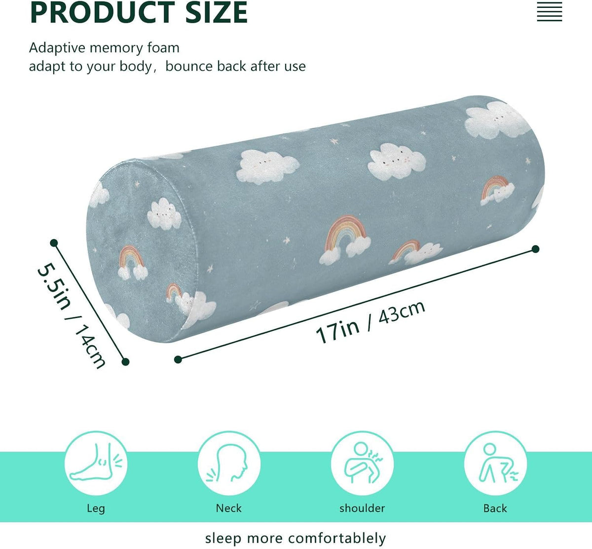 c Neck Roll Pillow Bolster Round Health Memory Foam Long Cervical Cylinder Pillows with Removable Washable Cover for Body Bed Legs Back Yoga - Colors A