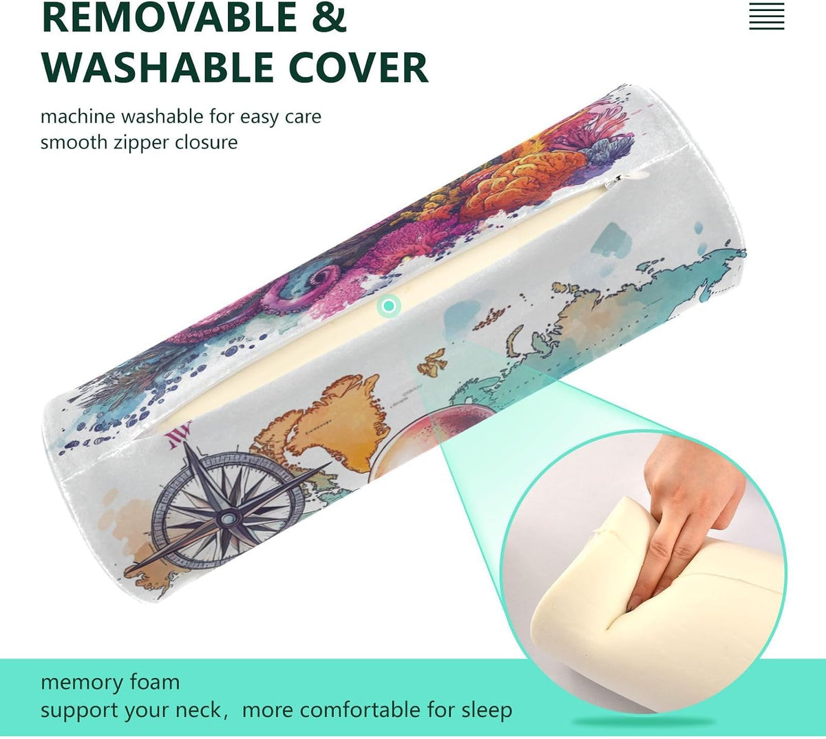 c Neck Roll Pillow Bolster Round Health Memory Foam Long Cervical Cylinder Pillows with Removable Washable Cover for Body Bed Legs Back Yoga - Colors A