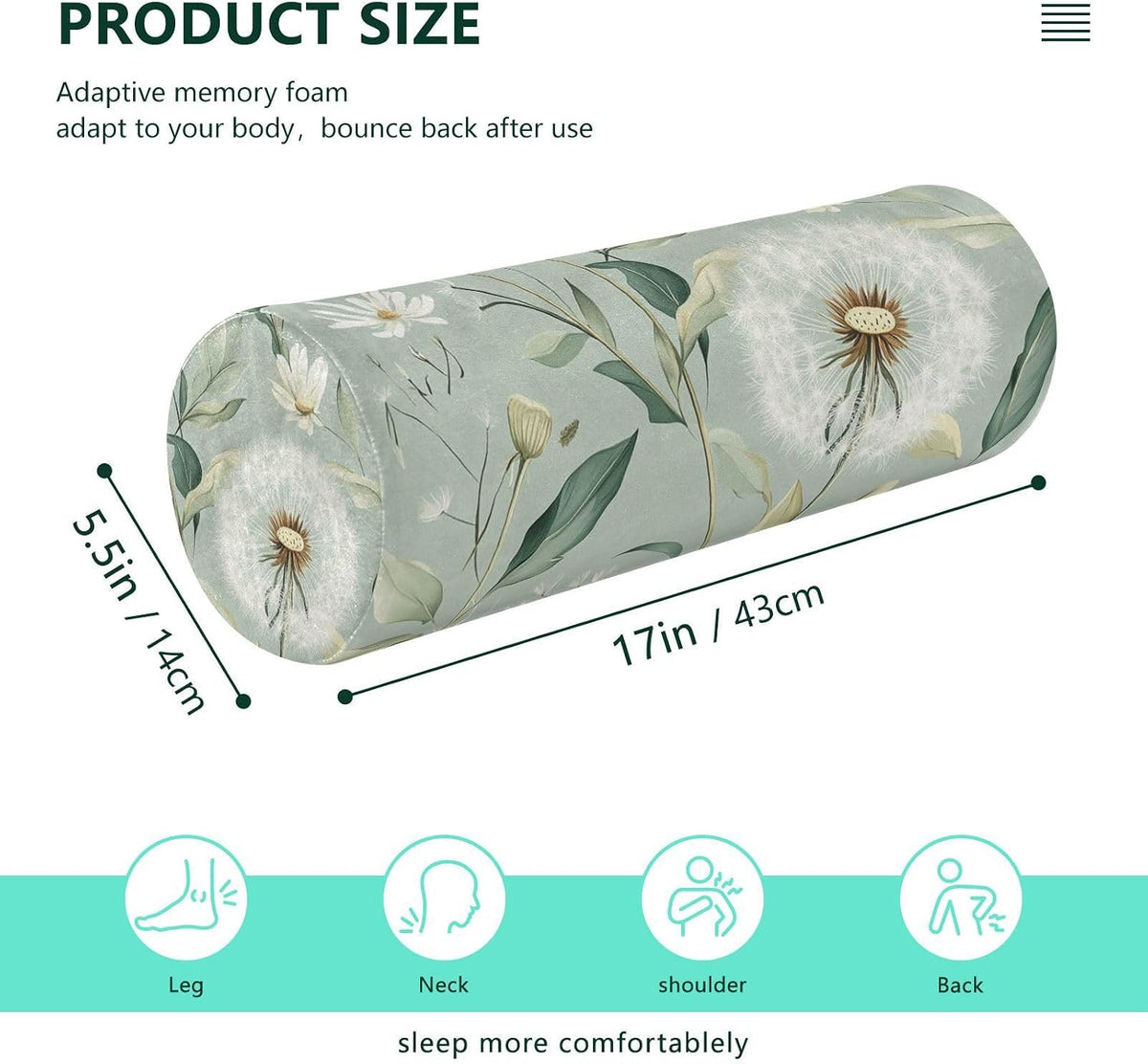 c Neck Roll Pillow Bolster Round Health Memory Foam Long Cervical Cylinder Pillows with Removable Washable Cover for Body Bed Legs Back Yoga - Colors A
