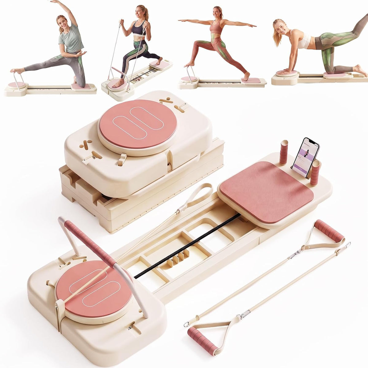 Pilates Reformer for Home, Foldable All-in-One Pilates Board with Resistance Bands, Portable Home Gym Equipment for Full Body Workout, Strength Training & Core Sculpting, 330 lbs Capacity
