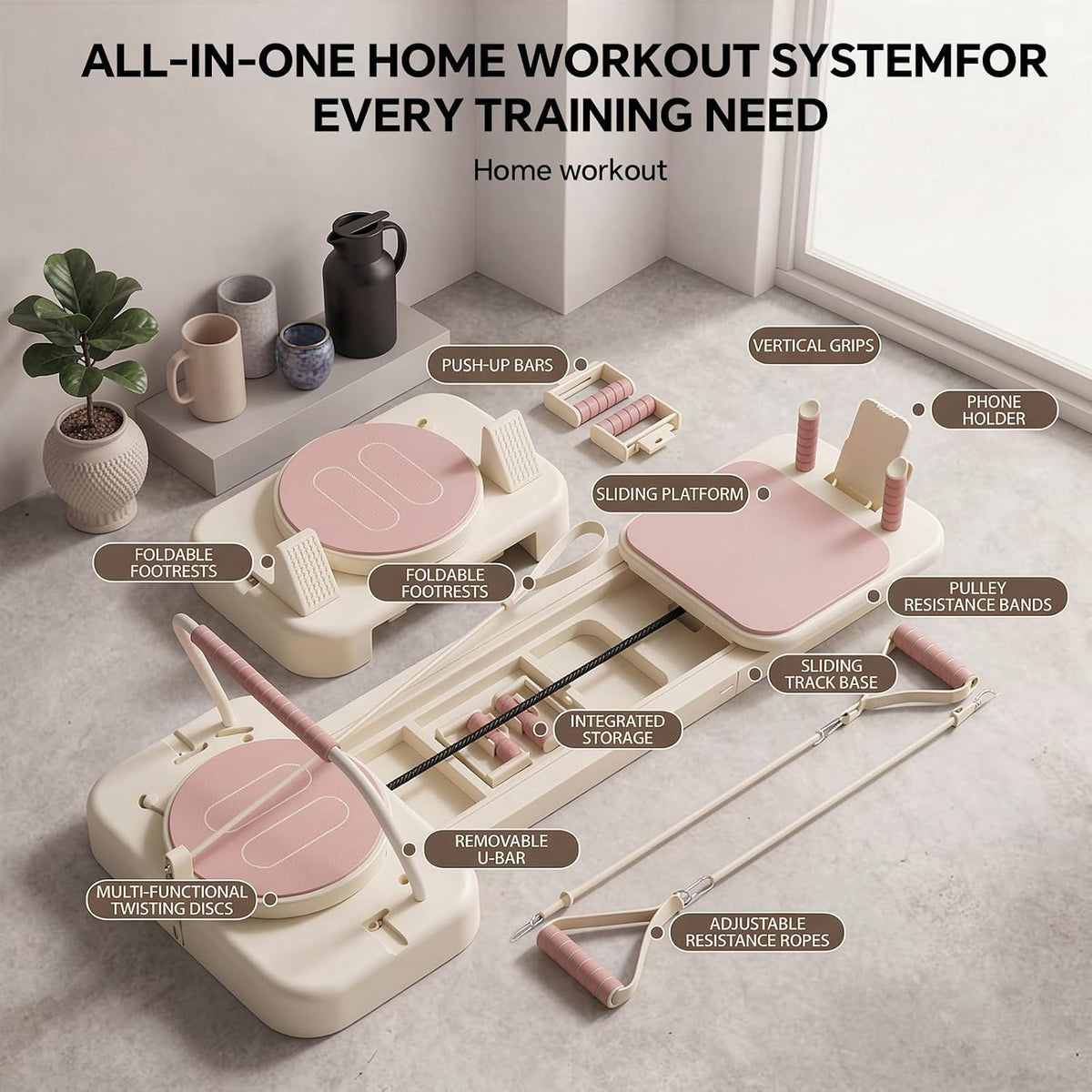 Pilates Reformer for Home, Foldable All-in-One Pilates Board with Resistance Bands, Portable Home Gym Equipment for Full Body Workout, Strength Training & Core Sculpting, 330 lbs Capacity