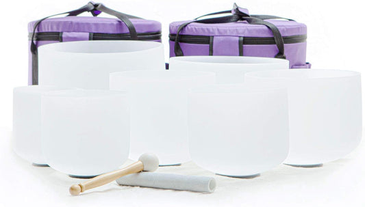 Crystal Singing Bowl with Carrying Case, White, Set of 7 size 6-12" A-G Note 432 hz