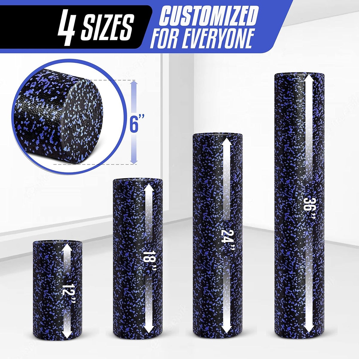Foam Roller, EPP High-Density Material, High Firmness Level, Back Roller for Athlete & Professional, Suitable for Back, Stretching, & Pilates, 12/18/24/36 inch - Blue Speckled, 12 in