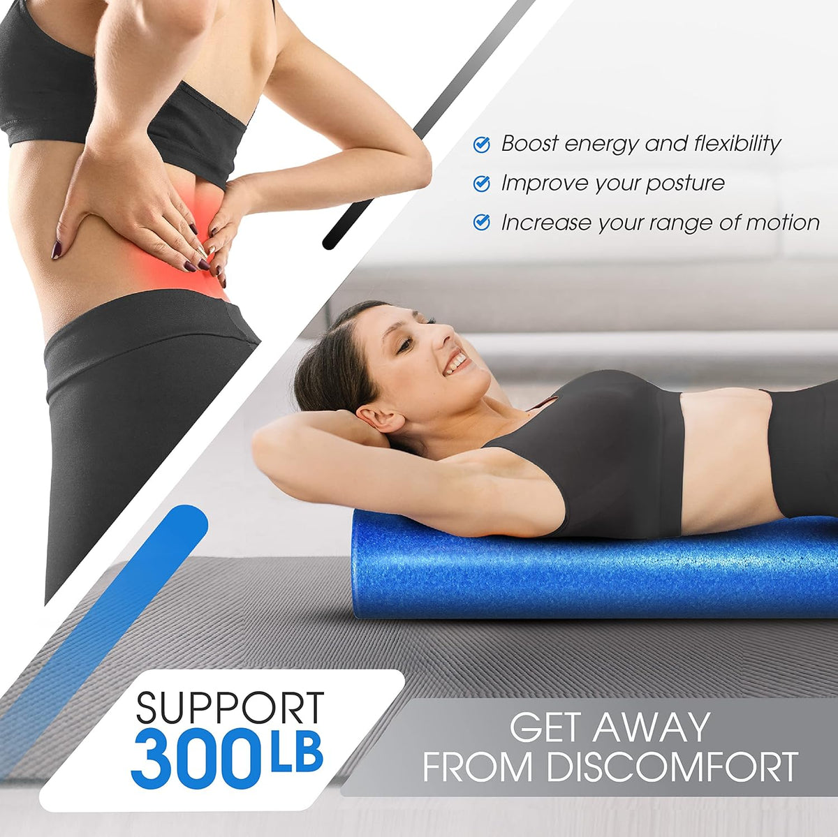 Foam Roller, EPP High-Density Material, High Firmness Level, Back Roller for Athlete & Professional, Suitable for Back, Stretching, & Pilates, 12/18/24/36 inch - Blue Speckled, 12 in