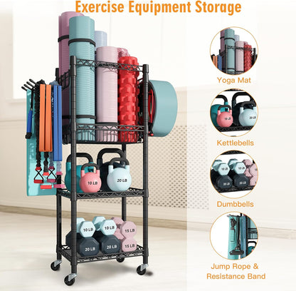 Home Gym Storage, 3 Tiers Workout Equipment Organizer with Wheels for Yoga Mats, Foam Roller, Dumbbells, Kettlebells, and Resistance Bands