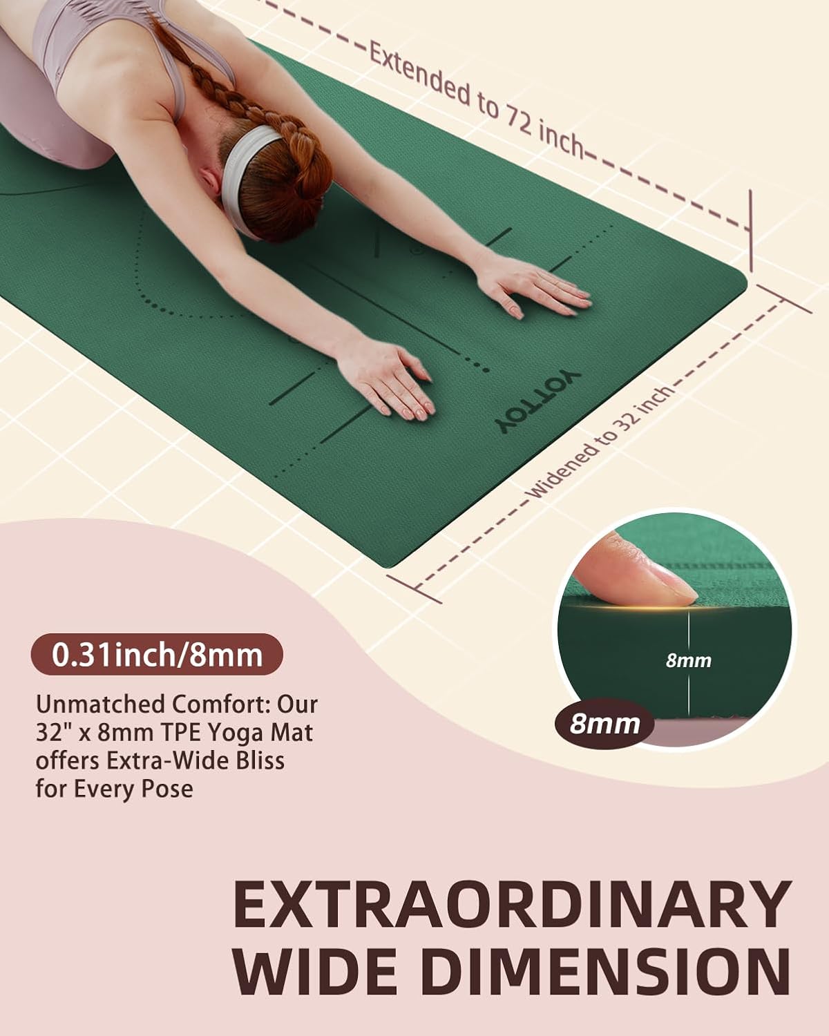 Yoga Mat, 72"x 32"x1/3" Extra Wide Non-Slip Exercise Fitness Yoga Mats,Eco-Friendly TPE Exercise Mats for Women Men Home Workout with Strap Bag