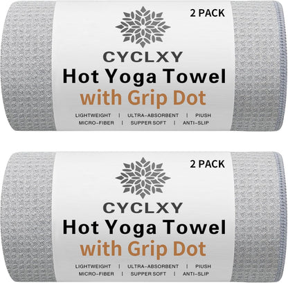 2 Pack Hot Yoga Towel with Grip Dot，Stickyfiber Yoga Mat Towels Non Slip for Hot Yoga,Absorbent Microfiber Sweat Anti-Slip Cover,Bikram,Pilates,Exercise