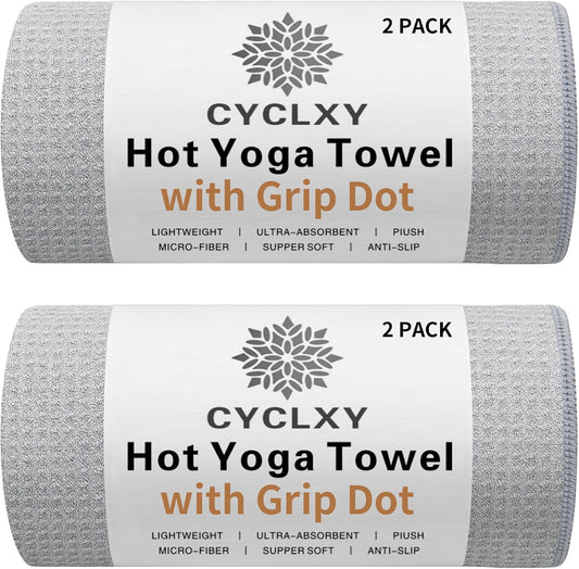2 Pack Hot Yoga Towel with Grip Dot，Stickyfiber Yoga Mat Towels Non Slip for Hot Yoga,Absorbent Microfiber Sweat Anti-Slip Cover,Bikram,Pilates,Exercise