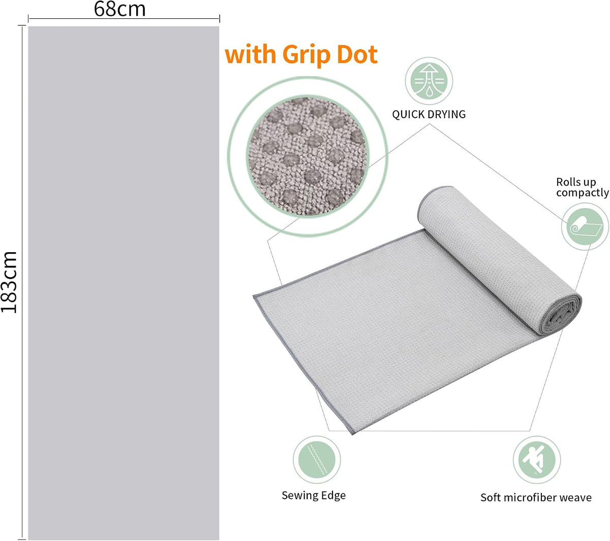 2 Pack Hot Yoga Towel with Grip Dot，Stickyfiber Yoga Mat Towels Non Slip for Hot Yoga,Absorbent Microfiber Sweat Anti-Slip Cover,Bikram,Pilates,Exercise