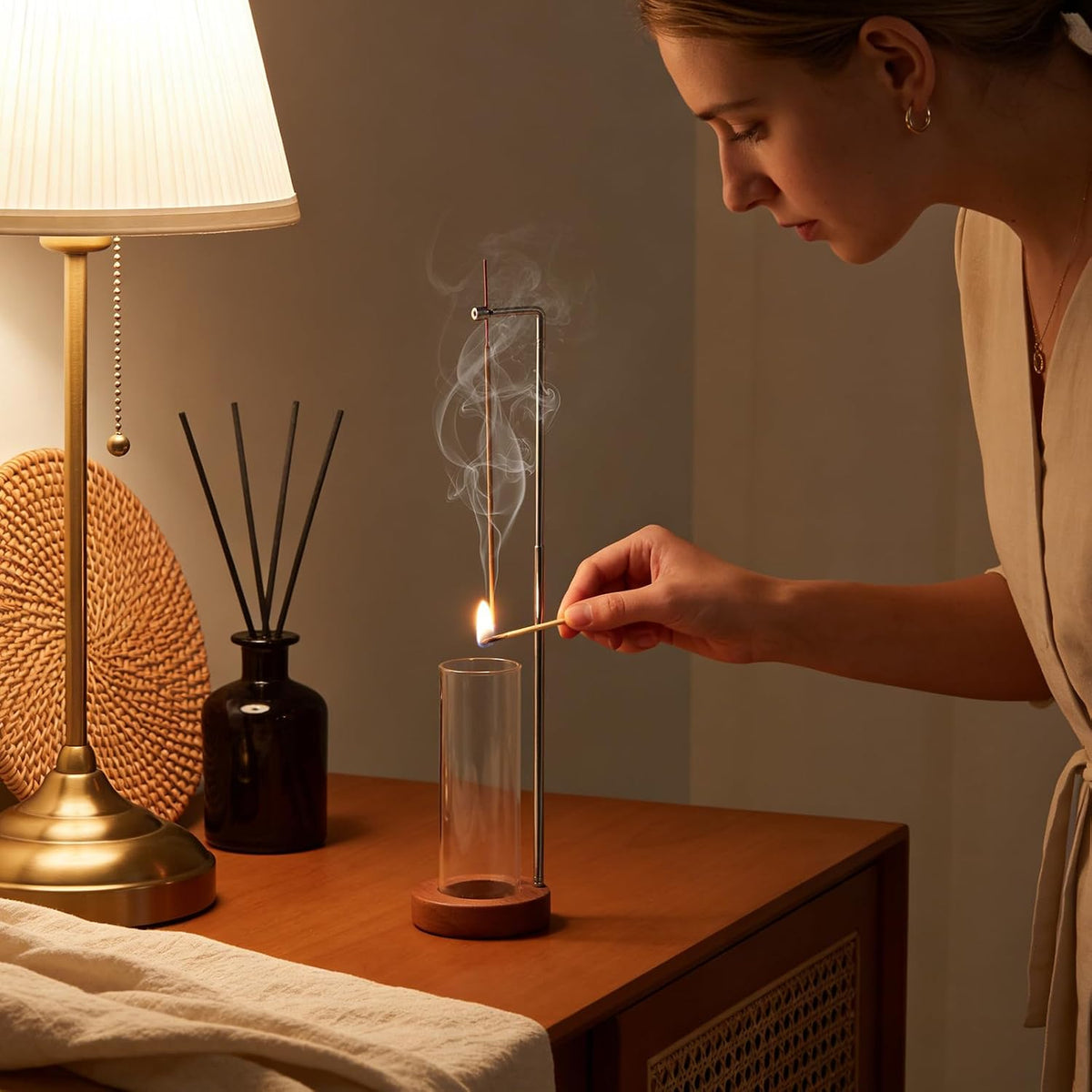 Incense Holder for Sticks, 2 in 1 Incense Sticks Burner with Glass Ash Catcher & Storage, Upside Down Incense Holder with Brush, Anti-Ash for Yoga Meditation Spa Outdoor Patio(Extends 8.7"-13.4")