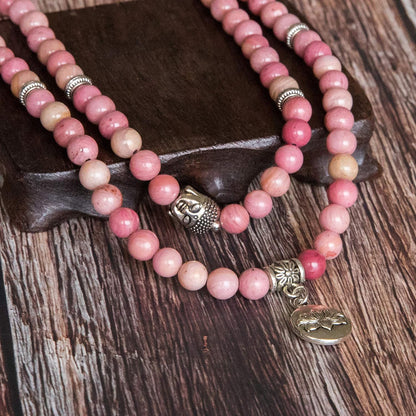 Bivei 108 Mala Beads Necklace Long Beaded Wrap Bracelets Genuine Gemstone Mala Prayer Beads Lotus Buddha Charm Yoga Meditation Necklace