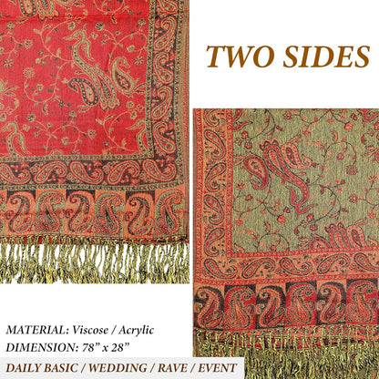 Achillea Reversible Paisley Pashmina Rave Scarf – Exotic Indian Shawls and Wraps for Evening Dresses, Festivals, All Seasons - Colors B