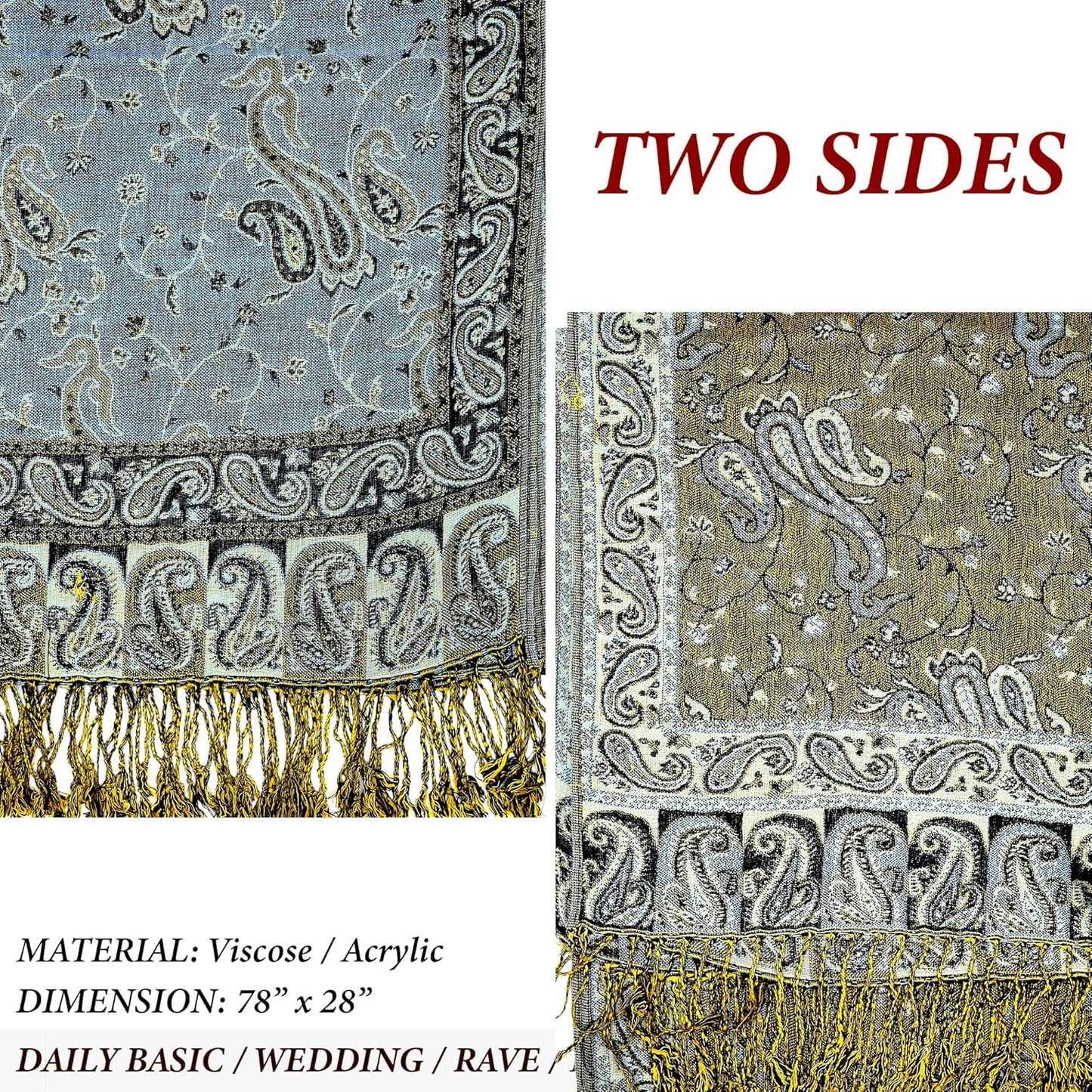 Achillea Reversible Paisley Pashmina Rave Scarf – Exotic Indian Shawls and Wraps for Evening Dresses, Festivals, All Seasons - Colors A