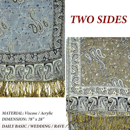 Achillea Reversible Paisley Pashmina Rave Scarf – Exotic Indian Shawls and Wraps for Evening Dresses, Festivals, All Seasons - Colors A