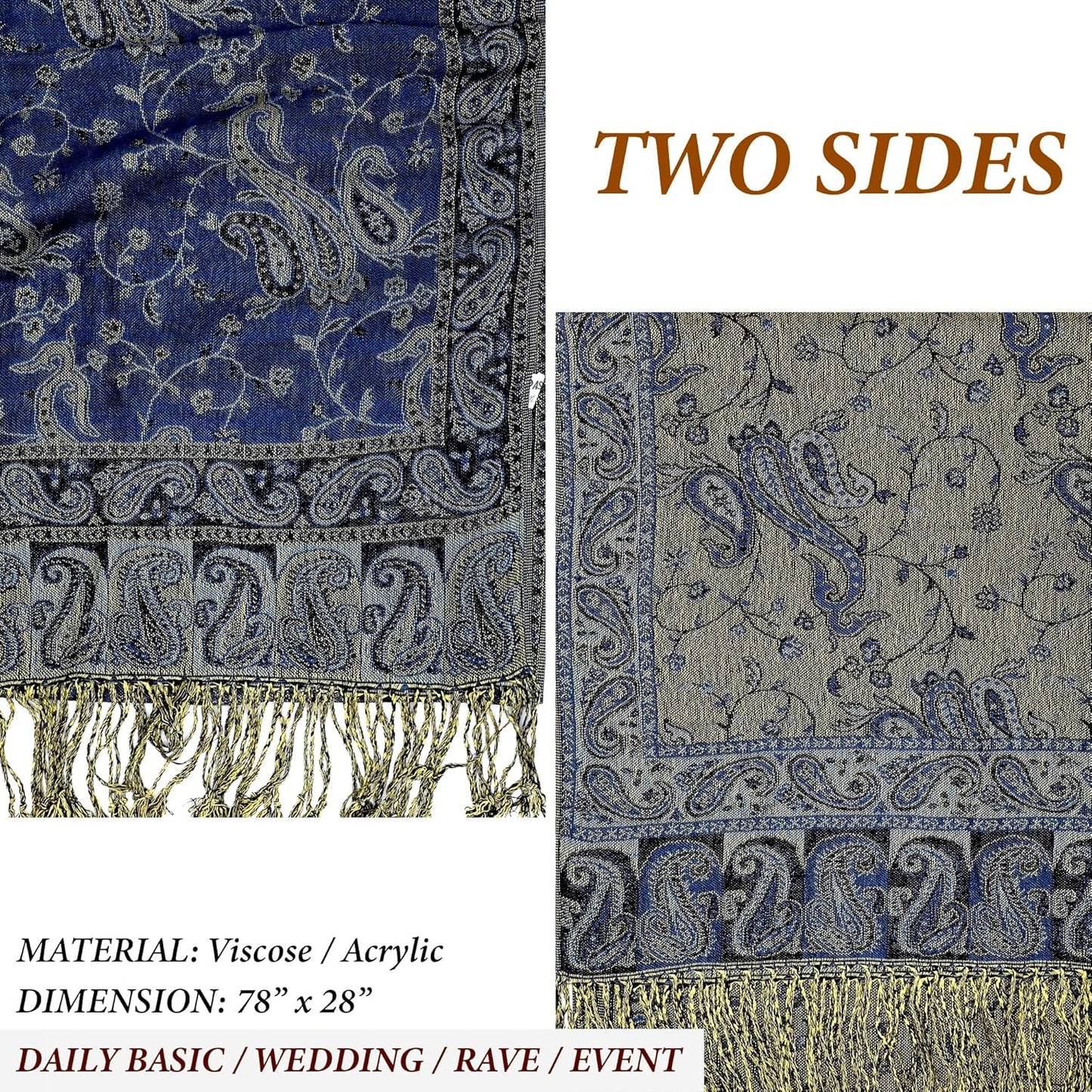 Achillea Reversible Paisley Pashmina Rave Scarf – Exotic Indian Shawls and Wraps for Evening Dresses, Festivals, All Seasons - Colors B