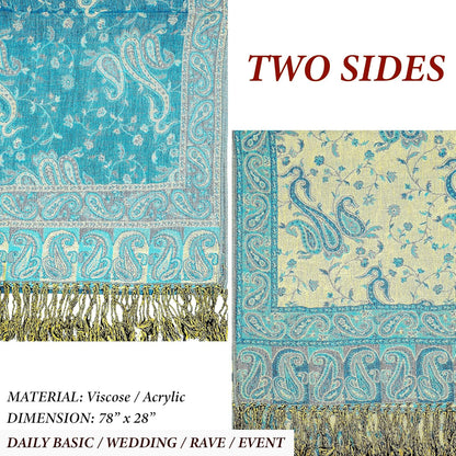 Achillea Reversible Paisley Pashmina Rave Scarf – Exotic Indian Shawls and Wraps for Evening Dresses, Festivals, All Seasons - Colors A