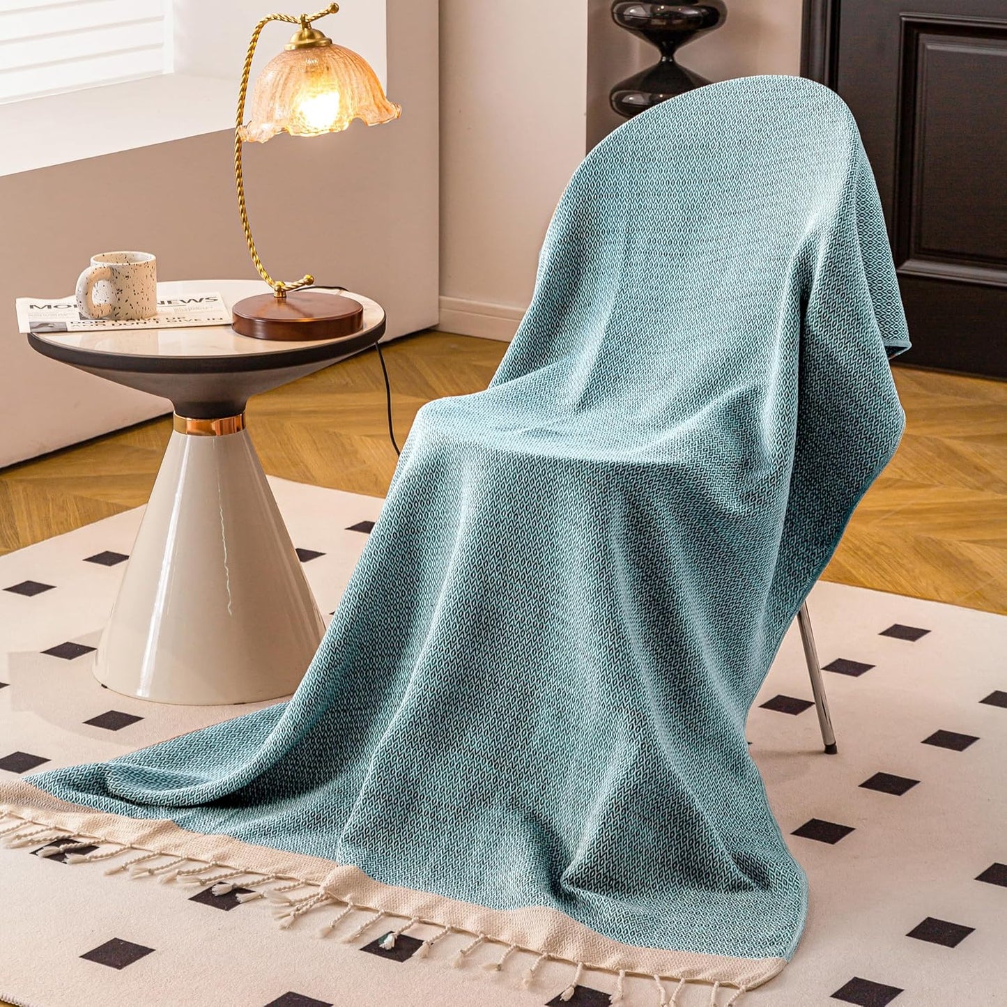 Peshtemania Premium Cotton Throw Blanket, 50x60 inches, Light Blue, Turkish Herringbone, Farmhouse Decor, Yoga Blanket, Picnic Blanket