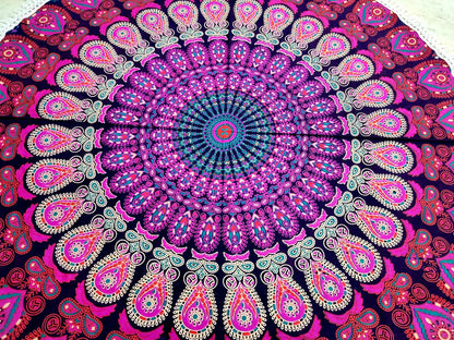 Mandala Round Beach Tapestry Boho Hippie Blanket Bohemian Large Table Cloth Home Decor Yoga Mat Meditation Picnic Rug Throw Hippy Gypsy Tablecloth Roundie (42 Inches, Orange And Blue)