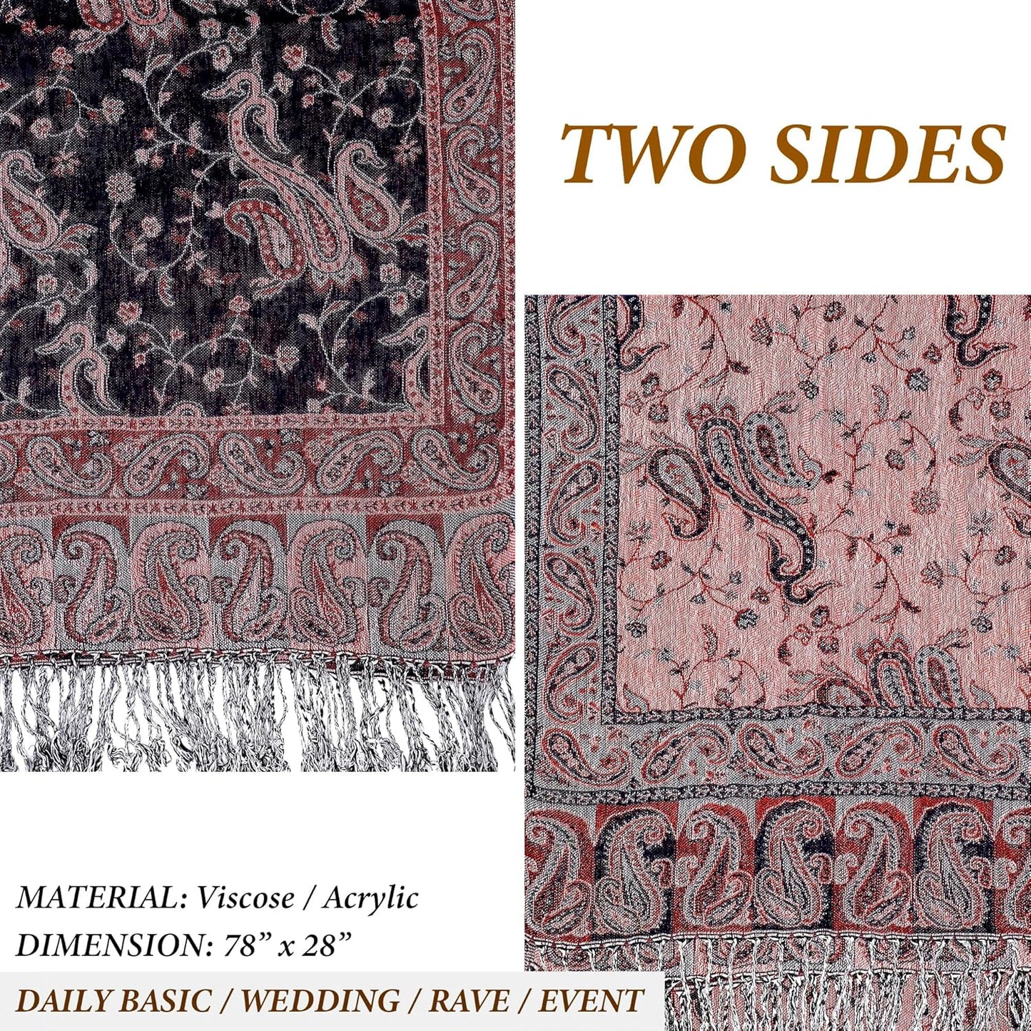 Achillea Reversible Paisley Pashmina Rave Scarf – Exotic Indian Shawls and Wraps for Evening Dresses, Festivals, All Seasons - Colors A