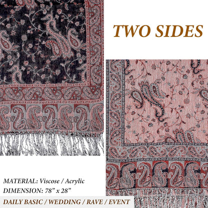 Achillea Reversible Paisley Pashmina Rave Scarf – Exotic Indian Shawls and Wraps for Evening Dresses, Festivals, All Seasons - Colors A