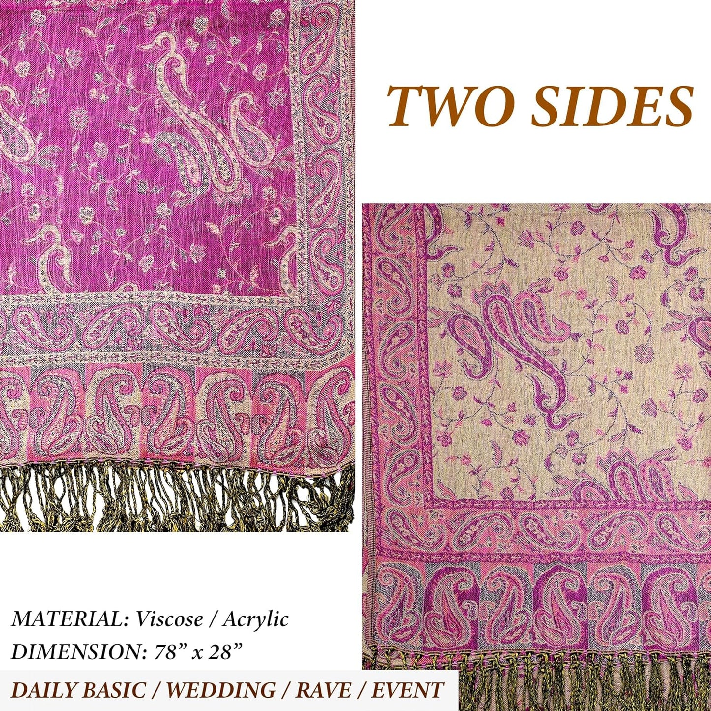 Achillea Reversible Paisley Pashmina Rave Scarf – Exotic Indian Shawls and Wraps for Evening Dresses, Festivals, All Seasons - Colors B