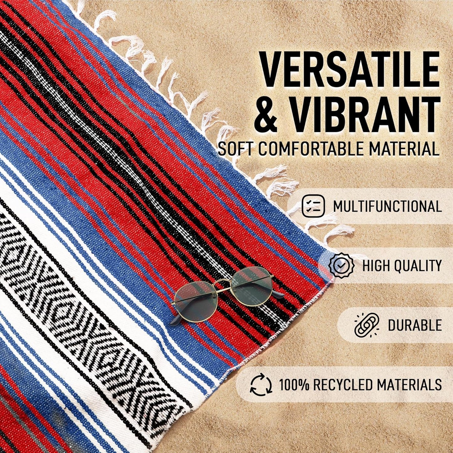 Hydration Nation Authentic Large Handwoven Mexican Blanket - Soft Yoga - Durable Serape - Lightweight Falsa, Beach, Camping, Picnic, Outdoor 70"x50" - Mandarin
