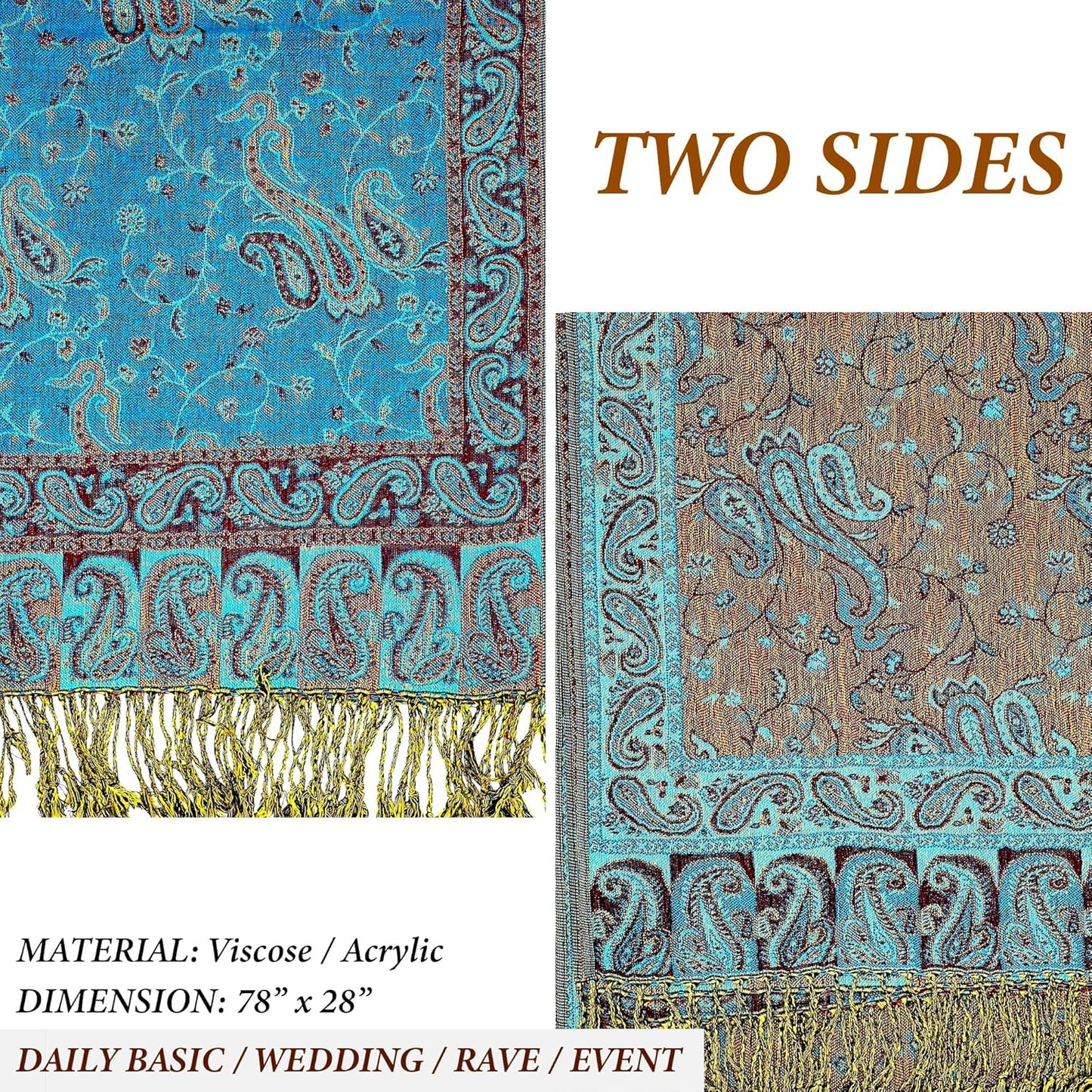 Achillea Reversible Paisley Pashmina Rave Scarf – Exotic Indian Shawls and Wraps for Evening Dresses, Festivals, All Seasons - Colors B