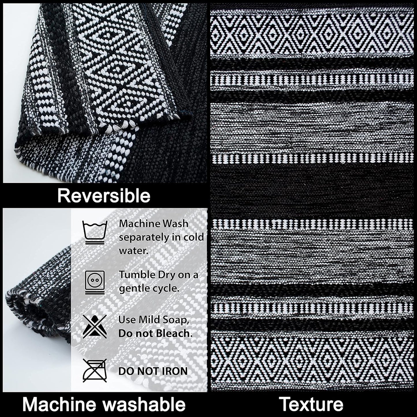 Chardin home Farmhouse Rug 24''x36'' Black-White | Recycled Cotton Hand Woven Rug, Long Boho Rug | Perfect for Hallways, Kitchens, Bathroom, bedrooms, Meditation Yoga Mat | Machine Wash