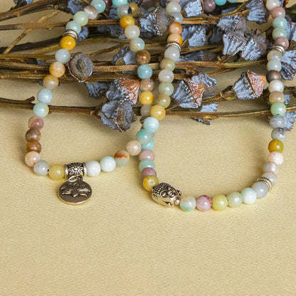Bivei 108 Mala Beads Necklace Long Beaded Wrap Bracelets Genuine Gemstone Mala Prayer Beads Lotus Buddha Charm Yoga Meditation Necklace