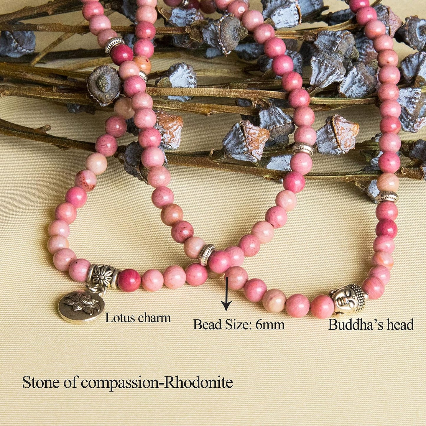 Bivei 108 Mala Beads Necklace Long Beaded Wrap Bracelets Genuine Gemstone Mala Prayer Beads Lotus Buddha Charm Yoga Meditation Necklace